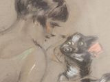drawing of a woman with a cat in her lap