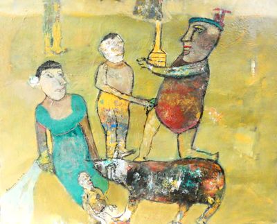 a painting of people and a cow in a field