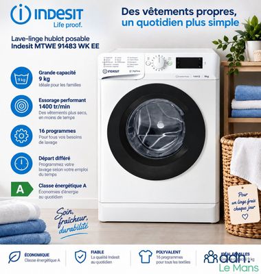 une publicité pour une machine à laver dans une buanderie où des serviettes sont posées par terre