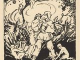 un dessin en noir et blanc représentant un homme et une femme dans les bois