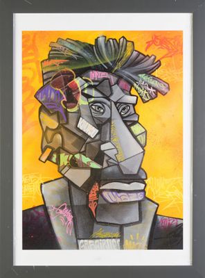 une peinture abstraite représentant un homme avec une fleur dans les cheveux