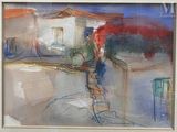 a watercolor painting of a man standing on a ladder