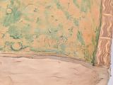 a painting on the wall of a room with a clock on the wall