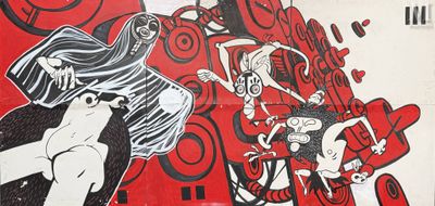 peinture murale représentant une femme et un homme sur un skateboard