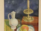 a painting of a still life with an apple on a plate