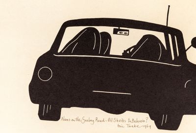 a drawing of a car with two people in the back seat