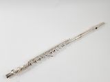a silver flute on a white surface with a white background