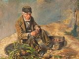 peinture d'un homme assis par terre à côté d'un bol de légumes