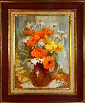 tableau représentant des fleurs orange et blanches dans un vase marron posé sur une table