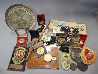 de nombreuses médailles et autres objets posés sur une table