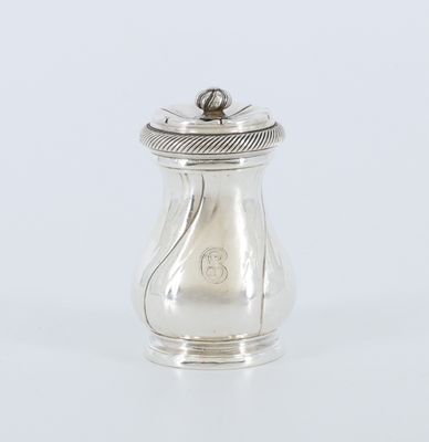 an antique silver salt shaker on a white background