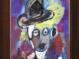 painting of a man with a hat and a cigarette in a wooden frame