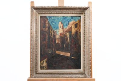 a picture of a painting on a easel with a white background