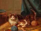 tableau représentant deux chats jouant avec une pelote de laine sur un tapis