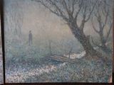 painting of a man walking in a foggy forest with a dog