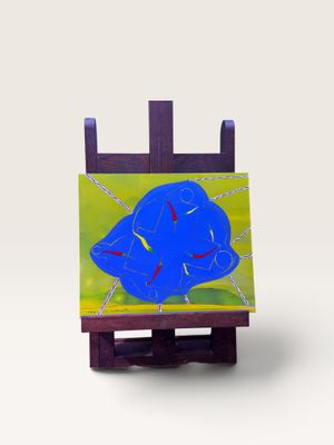 tableau sur chevalet représentant un poisson bleu sur fond jaune