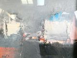 a blurry picture of a painting of a bed in a room