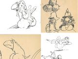 four sketches of cartoon characters are shown in a series of four different poses