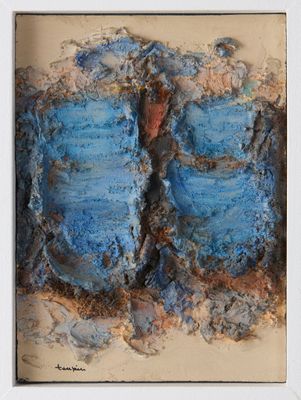 peinture abstraite représentant des formes bleues et marron dans un cadre blanc