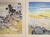 deux tableaux représentant des personnes assises sur la plage, au bord de l'eau