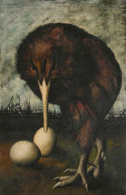 an oil painting of a bird with two eggs in its beak