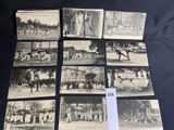several old black and white photographs of people and horses in a park