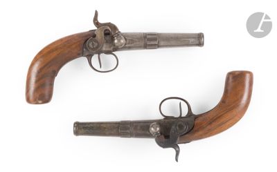 deux pistolets à crosse en bois sur fond blanc