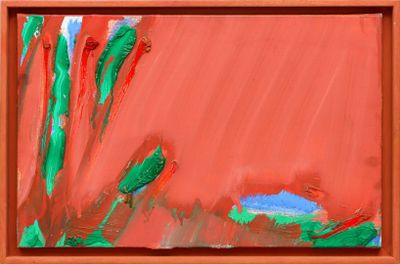 abstract painting of red and green plants with a blue sky in the background
