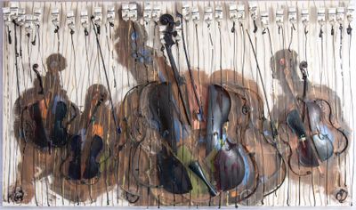 a painting of a violin hanging on a wall