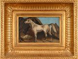tableau représentant un cheval blanc debout devant une tente