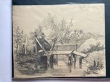 an old drawing of a farm with a house in the background