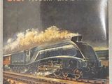 painting of a train on the tracks with smoke coming out of it
