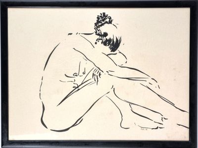 dessin en noir et blanc, encadré, représentant un homme assis à genoux