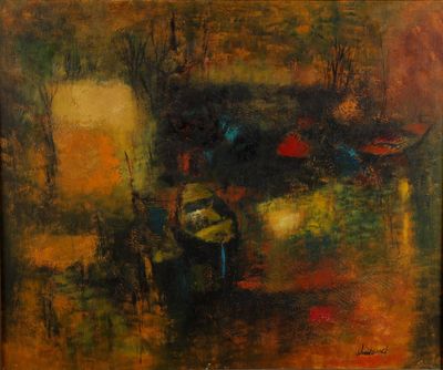 une peinture à l'huile représentant un tableau représentant un bateau sur un plan d'eau