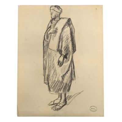 un dessin représentant un homme vêtu d'une robe et d'un chapeau