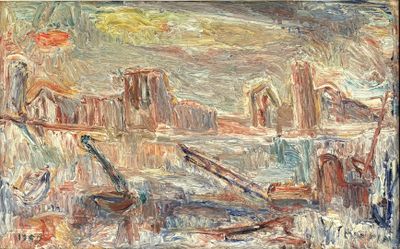 a painting of a boat in the water with a city in the background