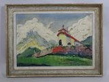 an oil painting of a church on a hill with mountains in the background