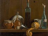 a painting of a still life with a bottle of wine and other items
