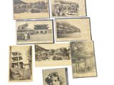 several old black and white photographs of people and buildings
