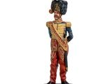 a statue of a soldier with a drum on a wooden base