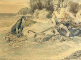 un tableau représentant deux hommes dans un bateau sur l'eau