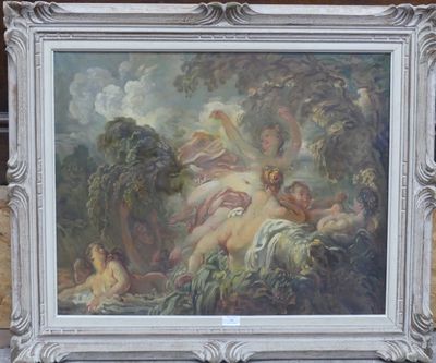 a painting on the wall of a building with a picture of a woman and two men