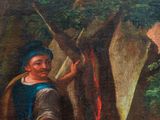 an oil painting of a man with a horse in a wooded area