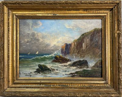 une peinture à l'huile représentant une côte rocheuse avec un voilier au loin