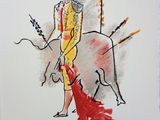 tableau représentant un homme en costume jaune, avec une cape rouge et un taureau