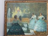 un tableau représentant un groupe de femmes en robe au bord d'un étang