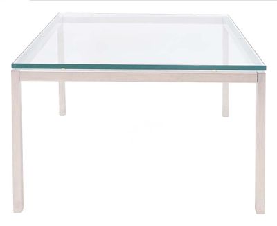 a glass and chrome coffee table with a square glass top