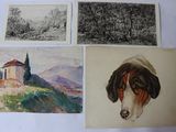 three drawings of a dog and a house on a hill