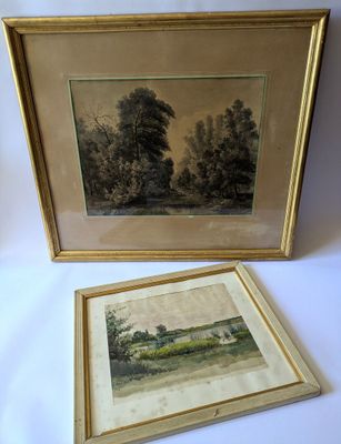 two framed pictures of trees and a river in a gold frame