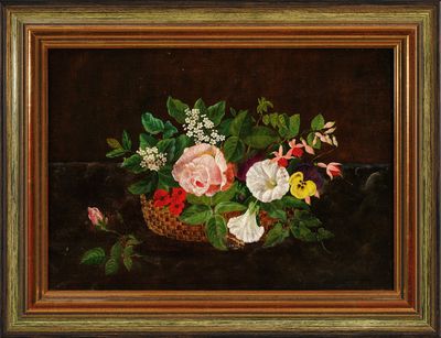 une peinture à l'huile représentant des fleurs dans un panier posé sur une table
